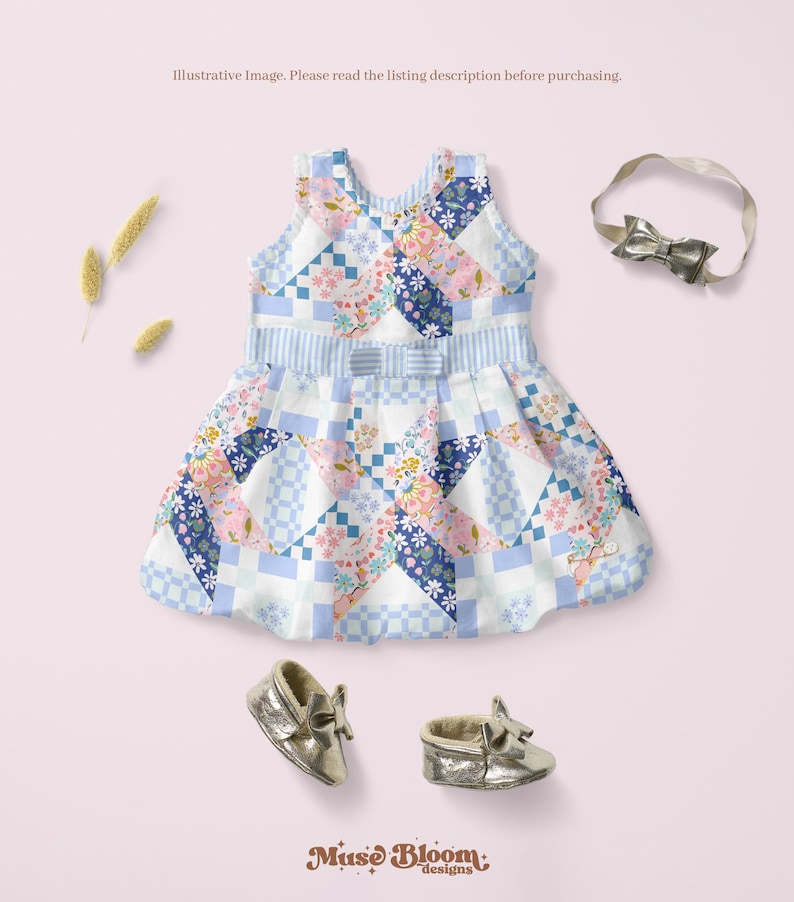 May include: A patchwork baby dress with a bow, matching headband, and gold baby shoes. The dress features a mix of floral and geometric patterns in blue, pink, and white. The text "Muse Bloom designs" is at the bottom.