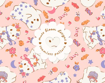 Motif sans couture de fantômes pastel pour Halloween, chauves-souris et fleurs, papier numérique pour tissu à l'aspect mignon et effrayant (usage commercial).