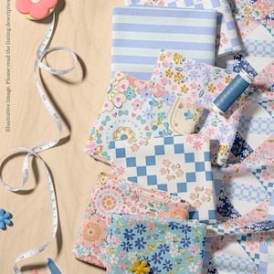 May include: A selection of floral patterned fabrics in pink, blue, and yellow, alongside sewing tools. A pink flower-shaped tape measure, a blue measuring tool, and thread spools are arranged with the fabrics. The text "Muse Bloom designs" is visible.