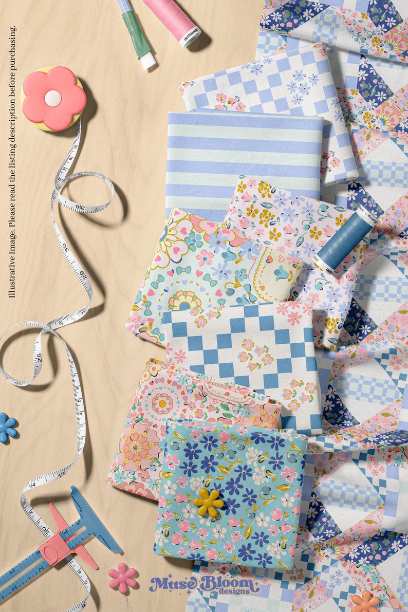 May include: A selection of floral patterned fabrics in pink, blue, and yellow, alongside sewing tools. A pink flower-shaped tape measure, a blue measuring tool, and thread spools are arranged with the fabrics. The text "Muse Bloom designs" is visible.