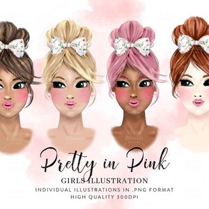 DIGITAL linda em rosa moda boneca clipart | Cabelo com coque bagunçado com laço feminino | Ilustração de moda esboço arte de parede impressão logotipo afro-americano