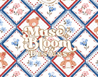 Romantic Handkerchief Teddy Bear Floral Print Seamless Pattern - 4th of July Red White Blue Design for Commercial Use