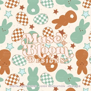 Peut inclure: Un motif sans couture avec des formes de lapins en vert pastel et marron, des œufs à carreaux et des étoiles sur un fond crème. Le texte "Muse Bloom Designs" est au centre du motif.