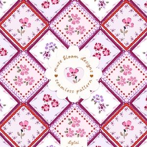 以下が含まれることがあります： ピンク、紫、白の色合いの花柄がダイヤモンド状のグリッドに繰り返されるシームレスなパターン。中央のスカラップラベルには、muse bloom designs seamless patternおよびdigital download HIGH RES JPEG-RGBというテキストが表示されています。