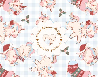 Motif sans couture Licorne de Noël, papier numérique bleu rétro pour les fêtes, usage commercial