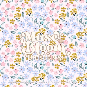 Peut inclure: Un motif floral avec des fleurs roses, bleues et jaunes sur un fond rose clair. Le design comprend le texte "Muse Bloom Designs" dans une police rétro. Les mots "TÉLÉCHARGEMENT NUMÉRIQUE HAUTE RÉSOLUTION JPEG RVB" sont également présents.