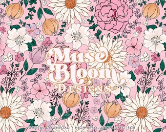 Spring Pink Boho Floral Print Seamless Pattern Repeating File for Fabric Printing Sublimation Commercial Use