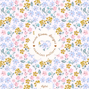 May include: A seamless floral pattern featuring small pink, light blue, and mustard yellow flowers on a pale pink background. A central scalloped label displays the text muse bloom designs seamless pattern. A bottom box reads digital download HIGH RES JPEG-RGB.