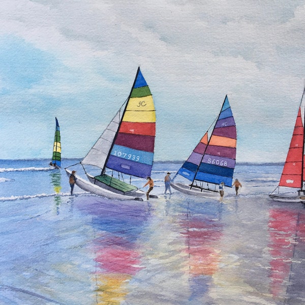 Hampton Beach Regatta, sailboats, catamarans, professional giclee watercolor print, 11" x 14" beach, sailing, sailors, waves, Hobie Cats