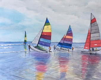 Hampton Beach Regatta, sailboats, catamarans, professional giclee watercolor print, 11" x 14" beach, sailing, sailors, waves, Hobie Cats