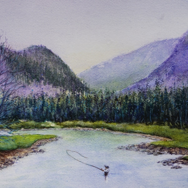 Fly-fishing the Madison River, Yellowstone National Park, WY, Rocky Mountains, Watercolor giclee print, western US,