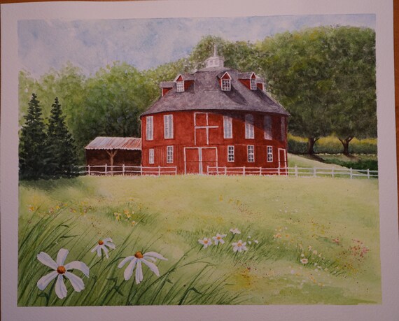 Neff Round Barn Centre Hall Pa Watercolor Print Barns Etsy