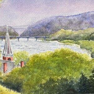 Harper&#39;s Ferry WV watercolor giclee print, Harper&#39;s Ferry National Historic Park, St Peters Catholic Church, Potomac River, Civil War Site.