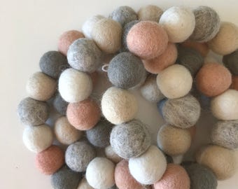 Felt Ball Garland - Spring Garland - Pom Pom Garland - Felt Balls -  Neutral Garland - White - Grey - Light pink - Antique Book