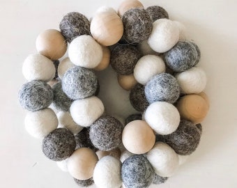 Felt Ball Garland - Pom Pom Garland - Felt Ball Garland - Neutral Garland - Gray Garland - Banner - Wall Decor - Warm Heather with Wood