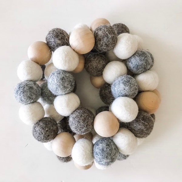 Felt Ball Garland - Pom Pom Garland - Felt Ball Garland - Neutral Garland - Gray Garland - Banner - Wall Decor - Warm Heather with Wood