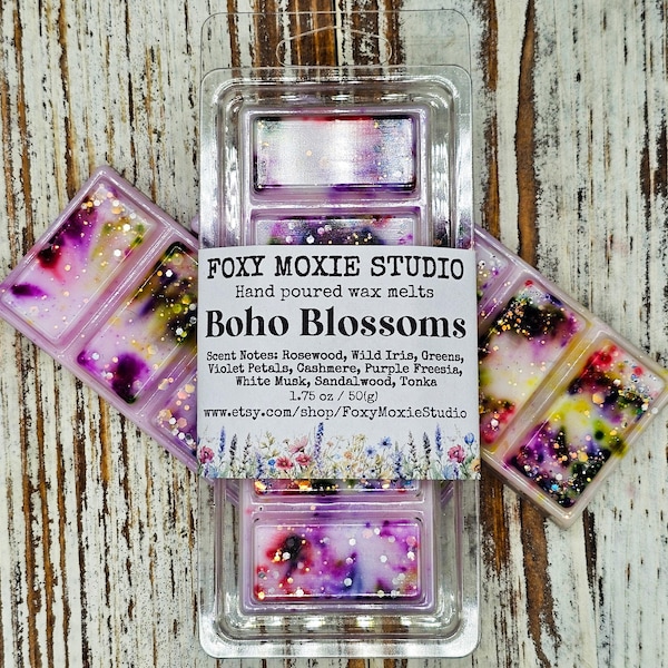 Boho Blossoms Spring Floral Sparkly Snap Bar Wax Melts, Birthday Gift, Party Favors, Bridal Gifts
