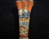 Vintage 1950s Satsuma Style Moriage Mini Bud Vase, Orange Background with Blue Mountain and Lake, Made In Japan, Good Vintage Condition