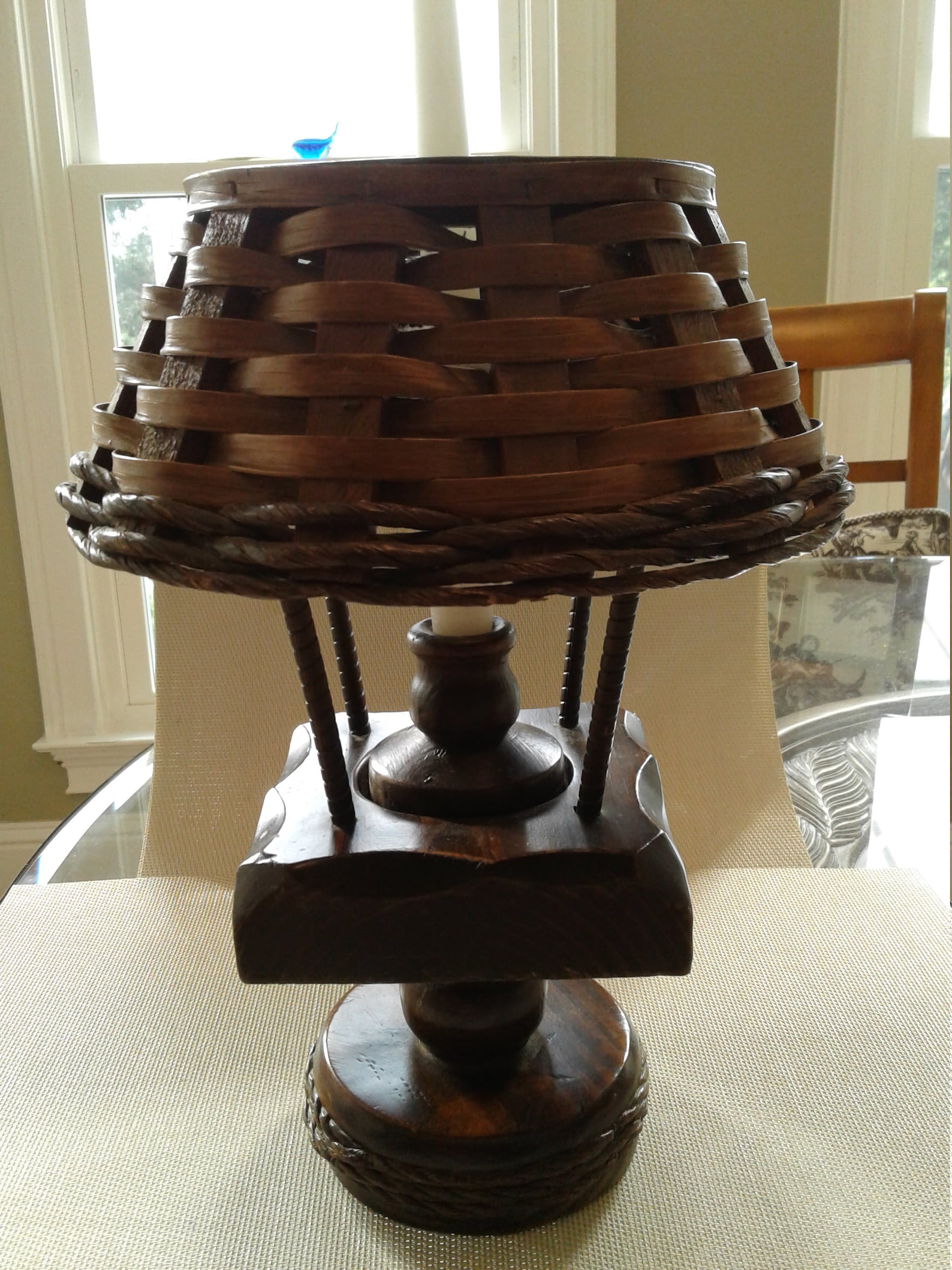 Vintage Wooden Candle Holder With Basketweave Shade Dark Etsy