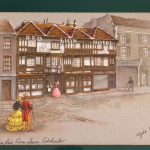 Antique Wood-Framed English Prints, The Red Lion Inn and The White Swan Inn by Clyde Cole, 1940s Prints of Victorian England, Pair