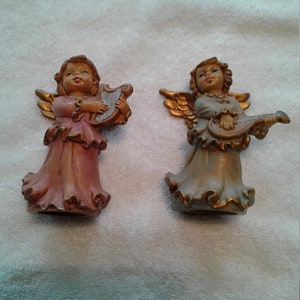 Vintage Angel Figurines, Playing Harp & Mandolin, Resin,  Hallmarks &quot;Italy 215&quot;, &quot;Italy 218M&quot;, Mint Condition, 4 1/8&quot; T x 2 1/4&quot; W