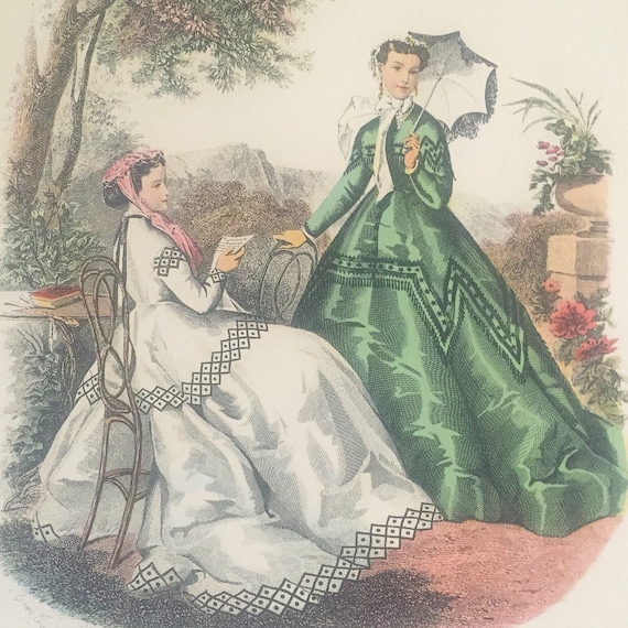 19世紀La Moda Elegante Ilustrada アンティーク銅版画 Vintage Wood Framed 