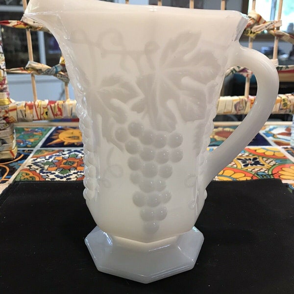 Vintage Anchor Hocking Pitcher, Milk Glass, Panel and Grape Design, 6 3/4" Tall, 6 1/2" Wide, Pour Spout, Open Handle, Mint Condition