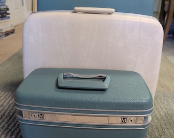 Vintage Glamour Travel, Samsonite Silhouette Beauty Case, Weekender, and Pullman, Circa 1960s, Teal and Ivory, Good Condition