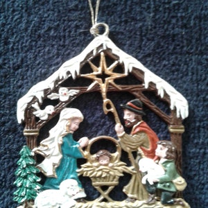 Vintage 3-D Metal Creche Nativity Holy Family Ornament, Virgin Mary, Baby Jesus, Joseph, and Shepherd, Handpainted, Mint Condition