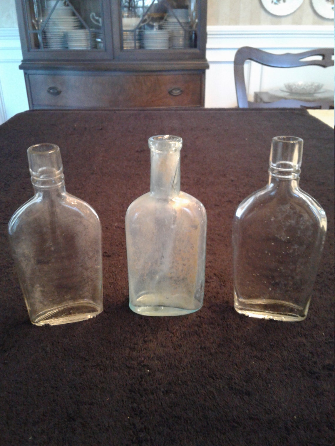 Three Antique Flask Bottles Two Clear One Blue Two Owens Etsy