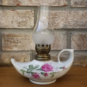 Vintage Miniature Porcelain Aladdin&#39;s Oil Lamp, Glass Chimney, Roses and Rose Buds, SilverTrim, Japan, Mint Condition