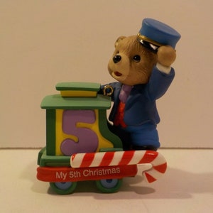 Vintage 2002 Hallmark Keepsake Ornament, &#39;My 5th Christmas&#39;, Beige Bear Train Conductor and Train, Mint Condition, No Box