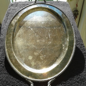 Vintage Poole Silver Co., Oval Tray with Two Open Handles, Rope Design Edge, 19 1/4&quot; L by 11 3/4&quot; W by 1/2&quot; H, Circa 1950s
