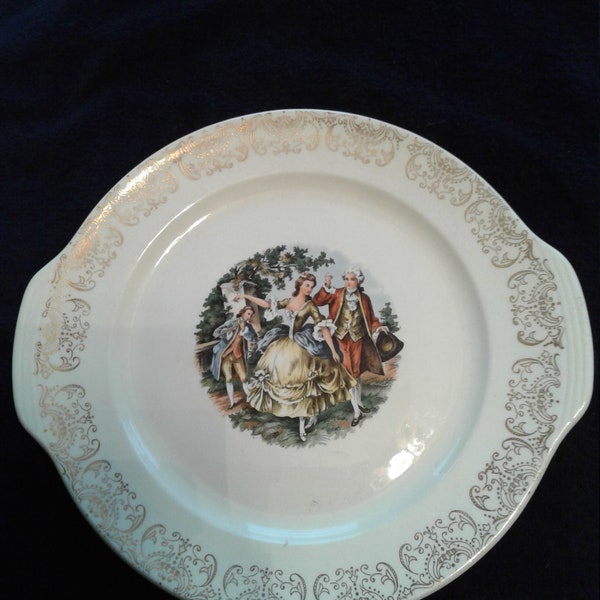 Vintage Cronin "C014 Colonial Couple", 2-Handled Cake Platter & Dinner Plate, 22K Gold Filigree, USA, Very Good Condition