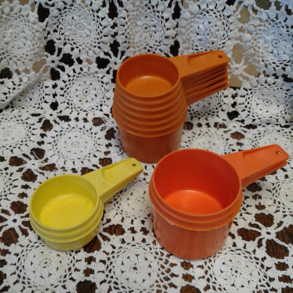 Vintage Tupperware "Measuring Cups", Circa 1970s, Mid Century Retro, Orange and Yellow, Two Partial Sets