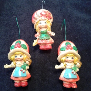 Vintage Blow Mold Plastic Christmas Ornaments, Set of 3, Strawberry Shortcake, Japan Label, Circa 1970s, Soft Puffy Plastic, Vibrant Colors