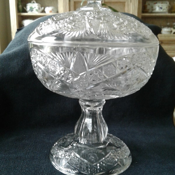 Vintage Pressed Glass Compote Dish with Lid, Clear Glass, Starflower, Fern, Fan Sunburst, and Diamond Shield, 1950s, Excellent Condition