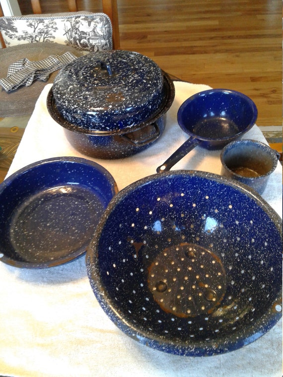 Vintage Cobalt Blue, White Speckle Enamelware, Six Pieces, Colander,  Boiler, Dutch Oven, Mug, Utility Pan, Poor Condition, French Country 