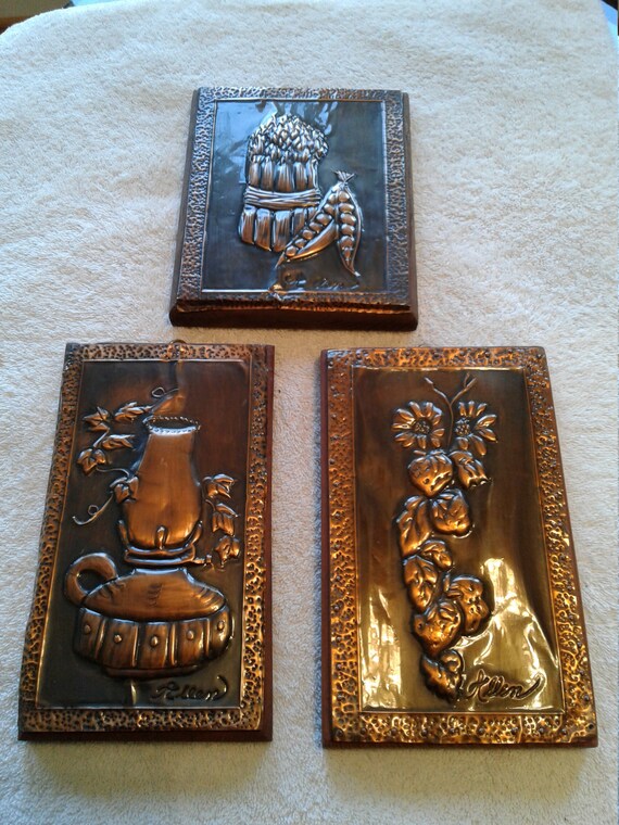 Vintage Wall Plaques Embossed Copper over Pine Wood Oil Etsy
