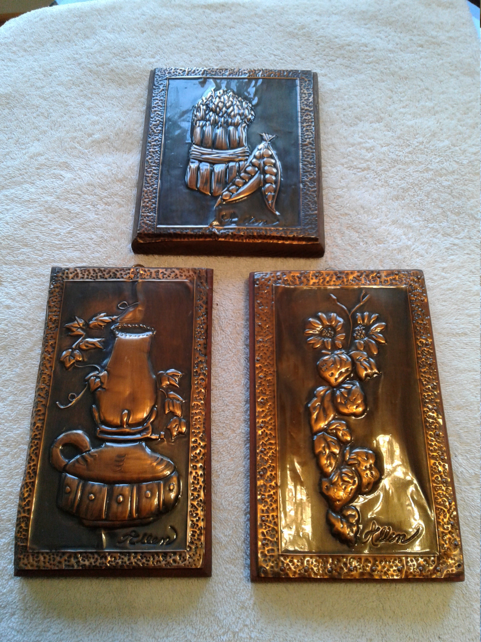 Vintage Wall Plaques Embossed Copper Over Pine Wood Oil Etsy