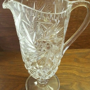 Vintage Lausitzer Bohemia Lead Crystal Pitcher, Diamond & Fan, Footed, 4&quot; Base, 9&quot; Tall, 7 1/8&quot; Width,  Mint Condition, Czech Republic