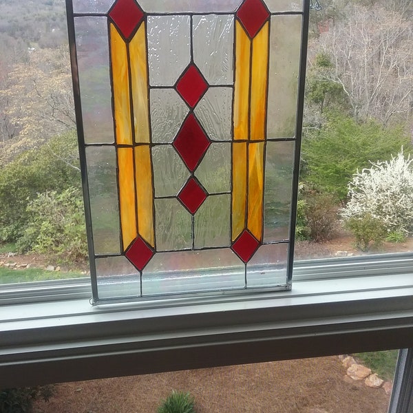 Stain Glass, "Red Diamonds," Red, Orange and Clear Glass, 33 Pieces, Artist Greg V Colpo, 16 1/2" Tall x 10 1/2" Wide