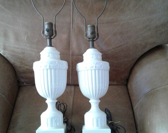 Vintage White-Ceramic Grecian-Urn Table Lamps, Pair, Square-Footed Pot Metal Base, Circa 1940s, No Makers Mark, 30 1/2" T x 6" W, No Shades