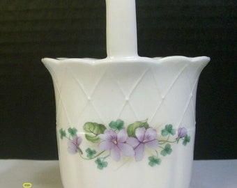 Vintage Lefton Mini Basket, White Bone China, Violets, Dated 1987, Stamped 05981, Red and Gold Foil Label, Mint Condition