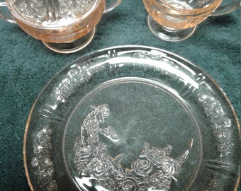 Vintage Creamer, Sugar, Dinner Plate, Federal Glass, Pink "Sharon", also known as "Cabbage Rose", Depression Glass, Good Condition.
