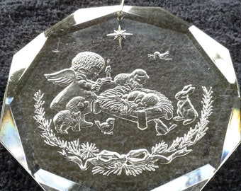 Vintage Etched Acrylic Christmas Ornament, Manger Scene with Child Angel and Animals, Circa 1970s, Very Good Condition