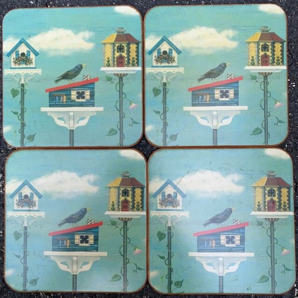 Vintage Pimpernel Melamine and Cork Coasters, "Blue Martin and Bird Houses", Set of 6, Very Good Condition, No Original Box, England