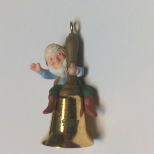 Vintage 1991 Hallmark Keepsake Miniature Ornament, &#39;Ring-A-Ding Elf&#39;, Elf Sitting on Brass Bell, New, Original Box, Signed &#39;Chad&#39;, QXM566 9