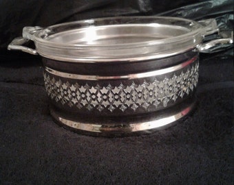 Vintage Chrome Casserole Dish Holder and Original Pyrex Dish, 1 Quart Dish, Tab Handles, Circa 1950s, Very Good Condition