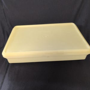 May include: A rectangular, off-white plastic storage container with a smooth, flat lid.